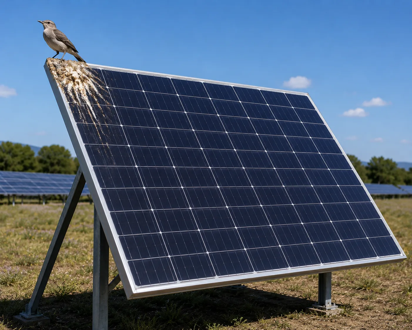 A bird perched on the top corner of a ground-mount solar panel, with droppings streaking down the cells below it