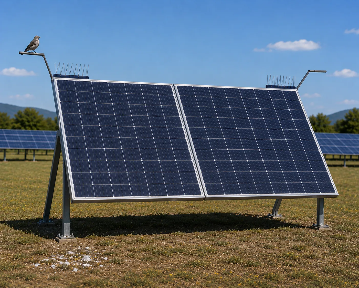 PerchOff installed on both top corners of a ground-mount panel, a bird perched on the offset arm, droppings on the ground below